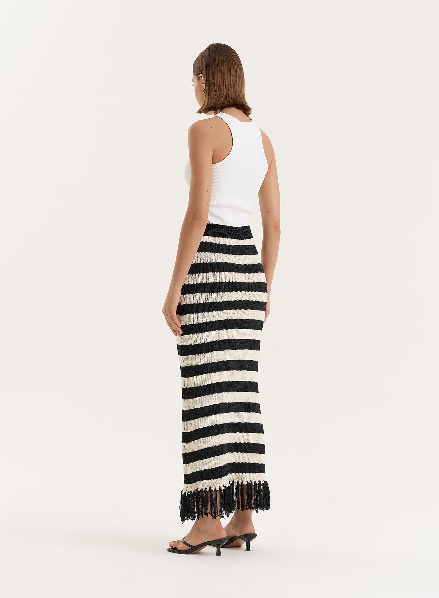 Striped Knitted Tassel Trim Maxi Skirt
